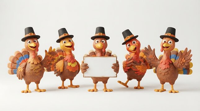 Five anthropomorphic turkeys wearing top hats stand in a row against a white background