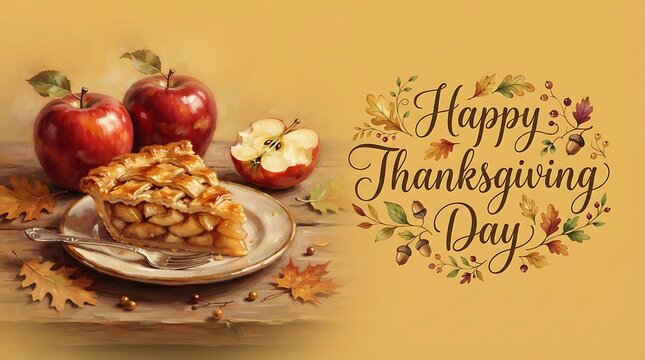 Festive thanksgiving dessert scene with apple pie apples and autumnal lettering