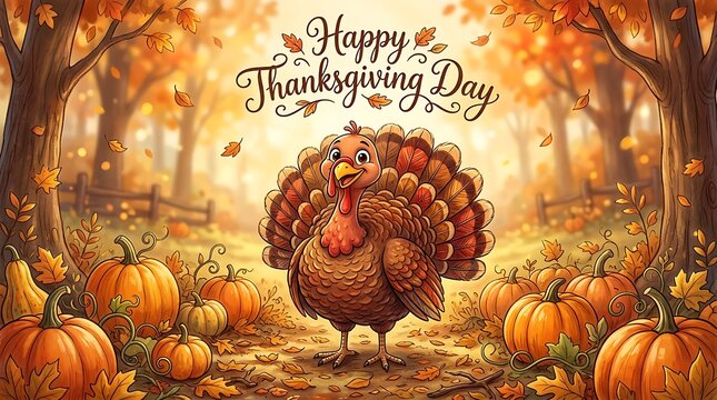 Festive thanksgiving turkey illustration surrounded by pumpkins and autumn foliage