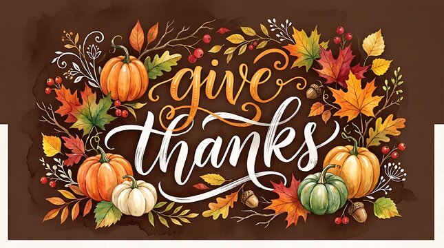 Watercolor illustration with pumpkins and autumn leaves spelling out give thanks