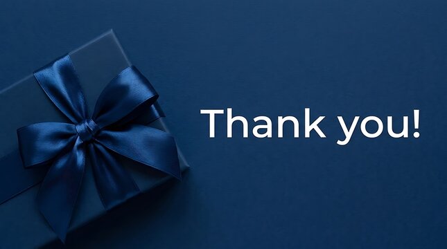 Elegant dark blue gift with ribbon and a thank you message on a navy background