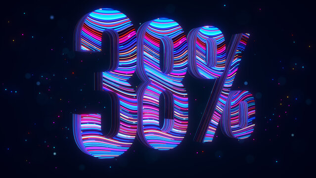 Large futuristic 3D 38 percent typography in perspective with vibrant blue and purple flowing stripes, glowing particles, and luminous bokeh against a dark digital space background.