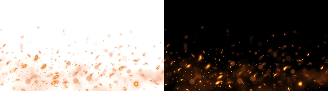 Fire embers rising with glowing orange sparks and warm haze for bonfire designs in PNG, Transparent and Black Background Versions