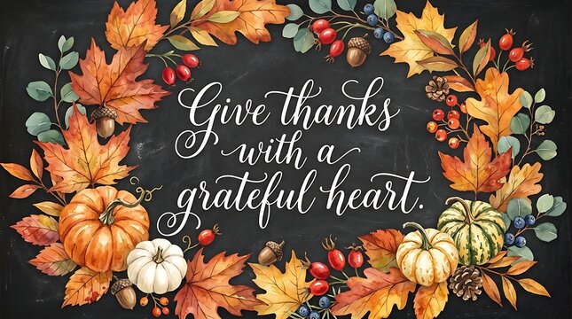 Autumn floral frame with thankful message on a chalkboard for fall celebrations
