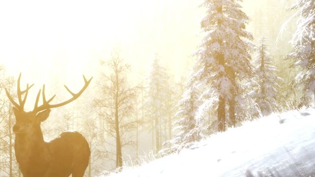 A graceful deer stands in a snowy landscape, surrounded by tall trees. The soft light creates a serene atmosphere, highlighting the beauty of winter.
