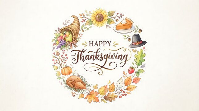 Watercolor thanksgiving wreath with autumn leaves and hand lettering on white background