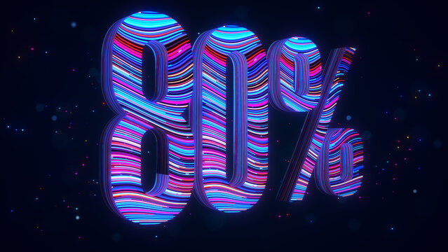 Large futuristic 3D 80 percent typography in perspective with vibrant blue and purple flowing stripes, glowing particles, and luminous bokeh against a dark digital space background.