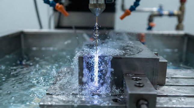 Wire edm machine cutting hardened tool steel submerged in dielectric water sparks
