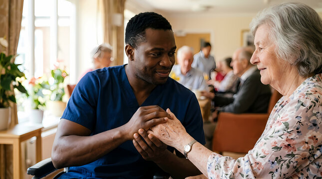 A dedicated male healthcare professional gently holds the hands of an elderly woman inside a residential assisted living facility providing emotional support and compassionate care for aging