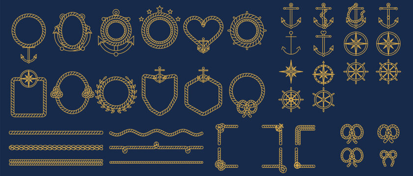 Nautical rope frames and borders. Gold line anchors, compass roses, ship wheels, knots, laurel wreath, heart and shield frames. Rope dividers, corners and cord elements for logo, label. Vector set