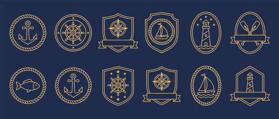 Obraz na płótnie Canvas Nautical emblem badges with anchor, ship wheel, lighthouse, sailboat, oars and fish. Gold thin line sea logo shields, oval and round rope frames with ribbon banners. Sailing club label vector set