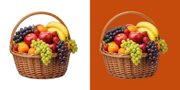 Wicker basket filled with a variety of fresh colorful organic healthy fruit