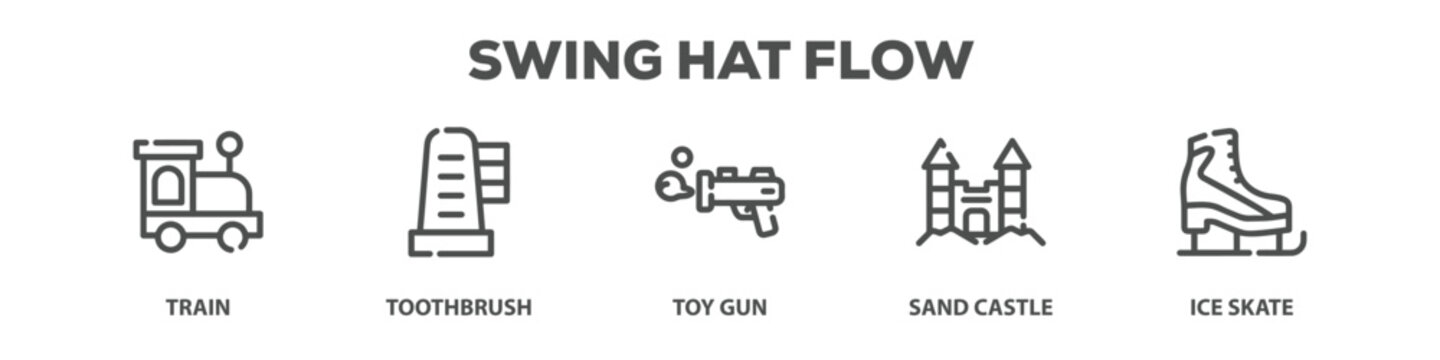 Swing Hat Flow with icon of Train, Toothbrush, Toy gun, Sand castle, Ice skate