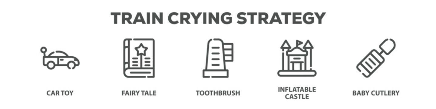 Train Crying Strategy with icon of Car toy, Fairy tale, Toothbrush, Inflatable castle, Baby cutlery
