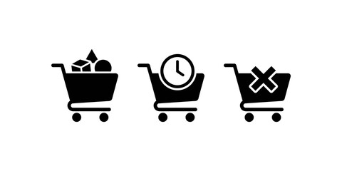Shopping cart icons with items, clock, and crossed out for full cart, time limit, and canceled orders. ©  شفافة خلفية
