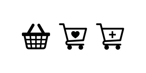 Shopping icons including basket, cart with heart, and cart with plus sign for online shopping and retail. ©  شفافة خلفية