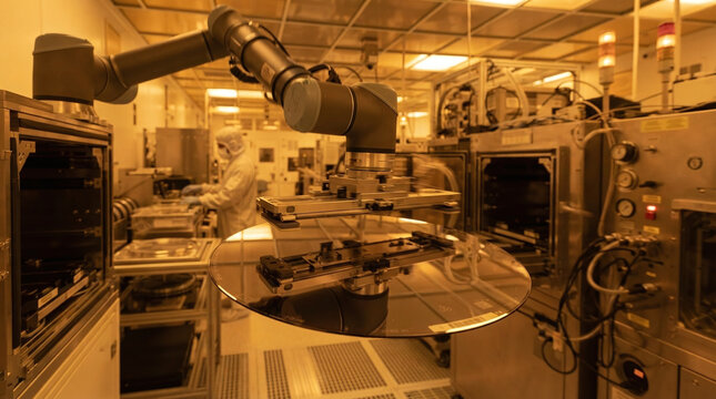 Robotic end effector handling 300mm silicon wafer in yellow cleanroom fab