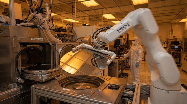 Robotic end effector handling 300mm silicon wafer in yellow cleanroom fab