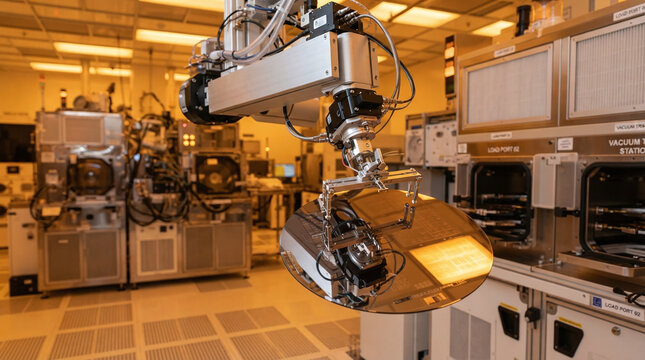 Robotic end effector handling 300mm silicon wafer in yellow cleanroom fab