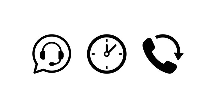 Customer support icons showing headset in chat bubble, clock for time, and phone for call back service.