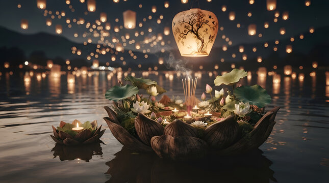 Glossy walnut wood Loy Krathong sky lantern Thai festival floating krathong lotus on warm beige background