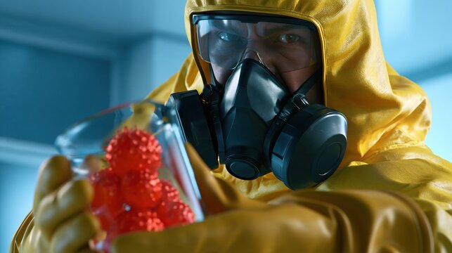 Focused Scientist in Hazmat Suit Examining Dangerous Pathogen Sample in Laboratory Beaker