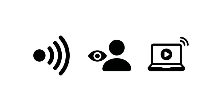 Wireless signal and remote monitoring icons showing broadcast waves human vision profile and laptop video playback for streaming and surveillance services.