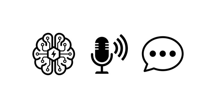 Artificial intelligence and communication icons set featuring neural brain circuit microphone waves and chat bubble for voice recognition and smart tech.