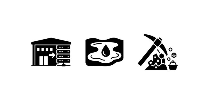 Data management and mining icons including server warehouse oil drop and pickaxe symbols for resource extraction and digital information storage systems.