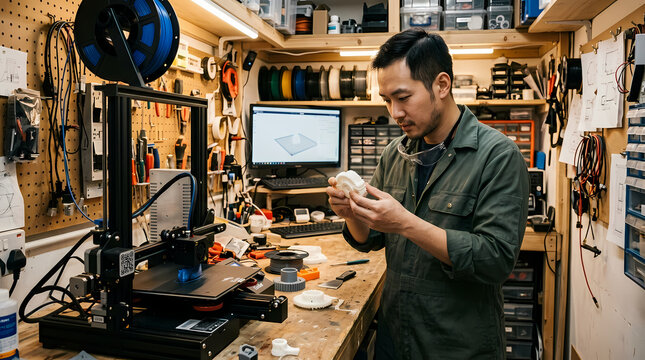 Skilled Asian engineer holding a printed component after operating additive manufacturing equipment in a busy workshop setting for small scale industrial production or creative hobbyist