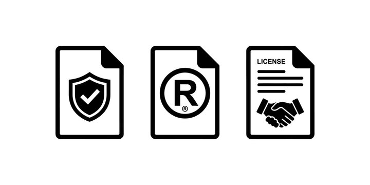 Set of icons representing protection trademark license agreement and legal document services for businesses and intellectual property rights.