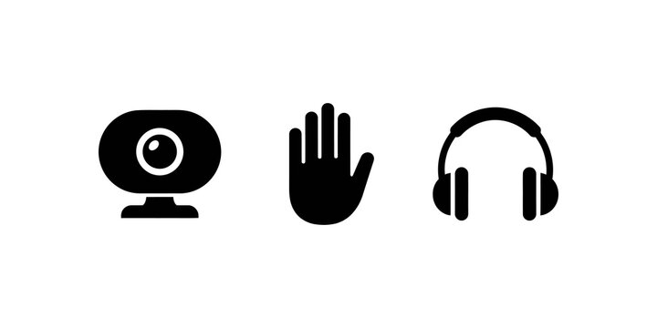 Webcam, stop hand gesture, and headphones icon on checkered background for online communication and media.
