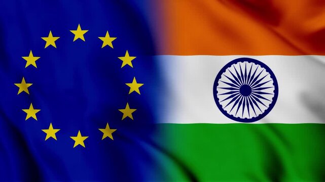 European Union and India Flags Waving on Digital News Screen for Free Trade Agreement and Diplomatic Relations