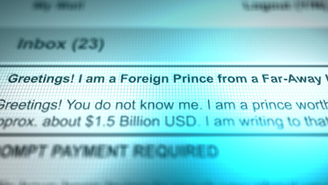 A Generic Email in Inbox Depicting Foreign Prince Scam