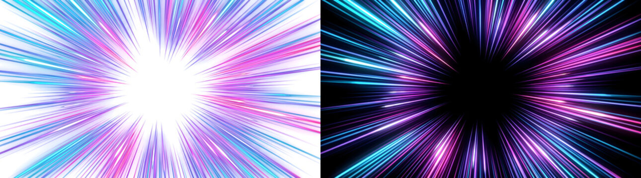 Speed lines of glowing blue pink and violet streaks rushing outward for hyperspace designs in PNG, Transparent and Black Background Versions