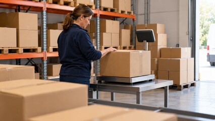 Obraz na płótnie Canvas Worker weighs package in warehouse during busy day at shipping center