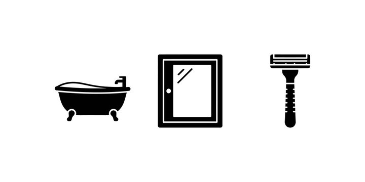 Black icons of bathtub, medicine cabinet and razor set on transparent background for bathroom themes.