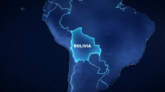 Stylized 3D rendering of the Bolivian nation featuring glowing boundary lines and topographical network graphics for video backgrounds.

