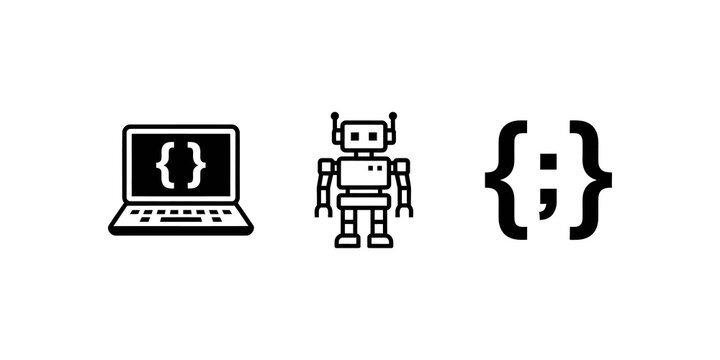 Laptop displaying code symbols, robot icon, and curly brackets indicating programming and artificial intelligence elements for tech themes.