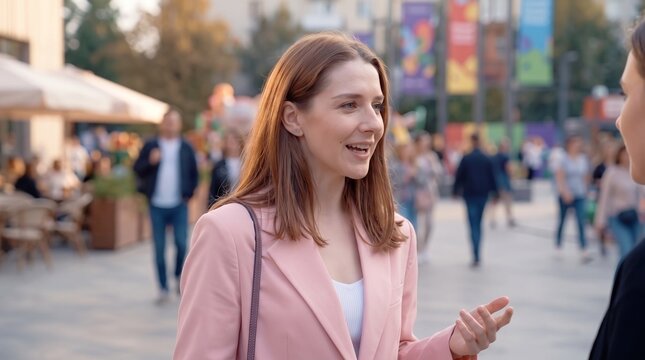 smiling young woman in a pink jacket on city street