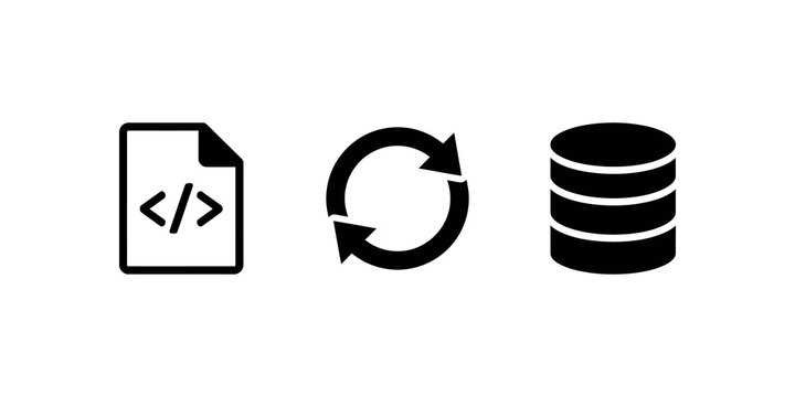 Coding file icon with arrows for refresh symbol and stack of coins representing data storage solutions for business and technology concepts.