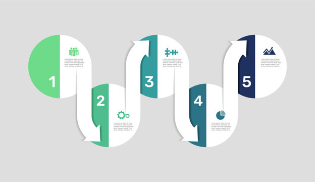 Five-step circular infographic design template with connected elements, text, and directional arrows. Vector illustration.