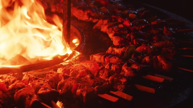 Close-up of meat on a skewer sizzling on a hot griddle beside an open fire. Flames and heat create an authentic outdoor cooking scene with rustic barbecue atmosphere.