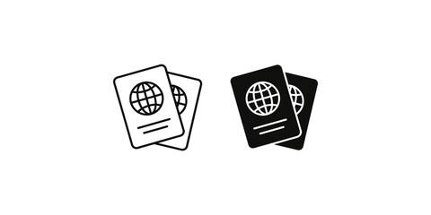 International passport document icons in linear and filled styles for travel and identification themes. © Umar