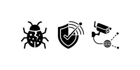 Cyber security icons representing digital threats and protection measures like bugs, shields, and surveillance cameras for online safety concepts. ©  شفافة خلفية