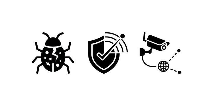 Cyber security icons representing digital threats and protection measures like bugs, shields, and surveillance cameras for online safety concepts.