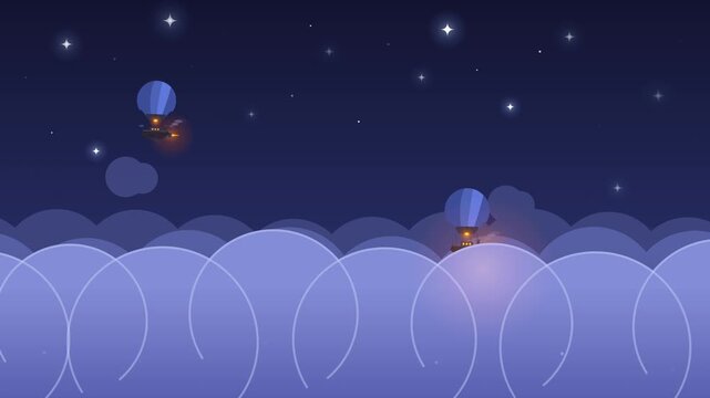 Animated night sky with fantasy airships flying over blue clouds