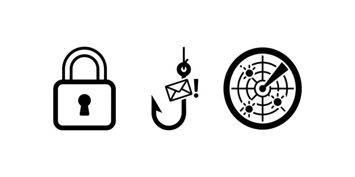 Padlock, phishing hook with envelope, and radar icons representing security, cyber threats, and detection for online safety and protection.