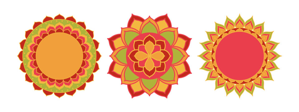 Diwali bright colorful rangoli pattern illustration isolated set. Indian festival of lights decorations, Dipavali traditional design elements for banner, poster, card, vector clip art collection.