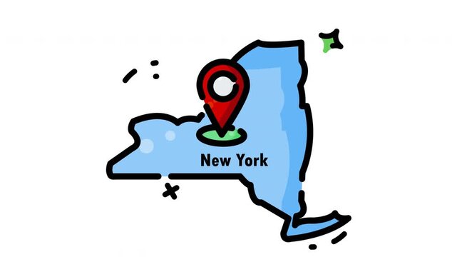 Animated New york map with blue outline and red pin icon, ideal for travel brochures, city guides, and touristfocused designs.